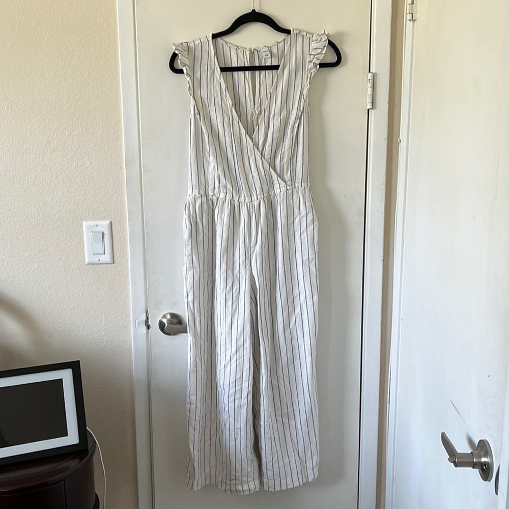 Old Navy one piece coulots outfit. Cream with blue stripes. Size Small.